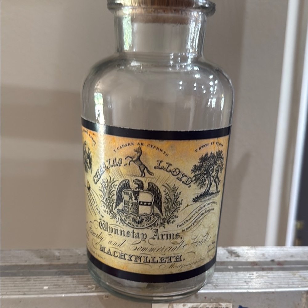Hobby Lobby Vintage Glass Jar with Black and Gold Label